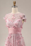 Vestido largo de graduación rosa de manga corta con cuentas y flores 3D en línea rosa A