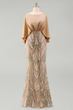 Vestido de sirena de Champán de Lentejuelas con mangas grandes