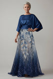 Mangas 3/4 de lentejuelas azul marino Vestido de la Madre de la Novia Línea A