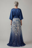 Mangas 3/4 de lentejuelas azul marino Vestido de la Madre de la Novia Línea A