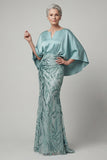 Vestido largo de madre de la novia azul sirena brillante de lentejuelas