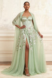 Vestido largo de graduación de tul bordado con tirantes de Salvia sin tirantes y lentejuelas, con corte