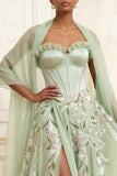 Vestido largo de graduación de tul bordado con tirantes de Salvia sin tirantes y lentejuelas, con corte