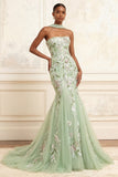 Vestido largo largo de graduación bordado de tul de sirena sin tirantes de Salvia polvorienta
