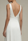 Vestido largo de compromiso blanco de escote en V de satén A Line