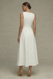 Vestido de compromiso blanco de cuello redondo Jacquard Línea A