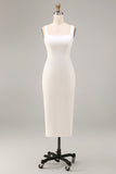 Vestido de compromiso midi blanco de cuello cuadrado y funda de satén