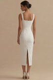 Vestido de compromiso blanco de cuello cuadrado Jacquard con funda