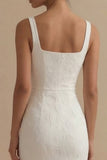 Vestido de compromiso blanco de cuello cuadrado Jacquard con funda