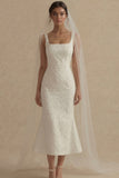 Vestido de compromiso Midi de sirena blanca Jacquard de cuello cuadrado