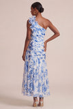 Vestido de invitado de boda azul floral Línea A, de un hombro largo, con volantes