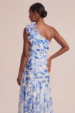 Vestido de invitado de boda azul floral Línea A, de un hombro largo, con volantes