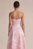 Vestido rosa sin tirantes A Line Floral Midi para invitados