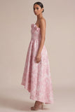 Vestido rosa sin tirantes A Line Floral Midi para invitados