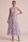Vestido midi con volantes con recorte lila con lilas y hojas en forma de lila