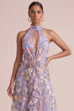Vestido midi con volantes con recorte lila con lilas y hojas en forma de lila