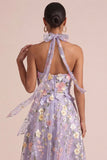 Vestido midi con volantes con recorte lila con lilas y hojas en forma de lila