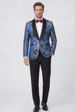 Trajes de baile azul Jacquard de dos piezas con solapa chal de un botón