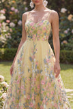 Vestido Midi Floral Amarillo Bordado en Tul A-Line