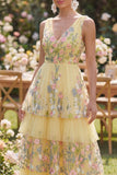 Vestido largo largo de tul en línea A con escote en V bordado en pisos y línea A amarillo