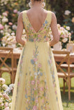 Vestido Maxi bordado con flores bordadas en amarillo pastel A Line A