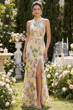 Vestido largo floral bordado con cuello champán sirena y abertura