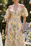 Vestido midi floral bordado en tul con hombros descubiertos y champán con mangas abonadas