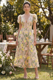 Vestido midi floral bordado en línea A de tul champán con escote en V y mangas abombadas