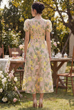 Vestido midi floral bordado en línea A de tul champán con escote en V y mangas abombadas