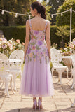 Vestido midi floral bordado de tul en línea A con escote cuadrado y cuello cuadrado lila