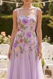 Vestido midi floral bordado de tul en línea A con escote cuadrado y cuello cuadrado lila