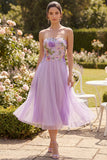 Vestido Midi Floral bordado en línea A de tul lila sin tirantes