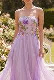 Vestido Midi Floral bordado en línea A de tul lila sin tirantes