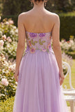 Vestido Midi Floral bordado en línea A de tul lila sin tirantes