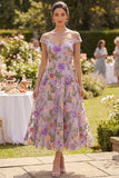 Vestido midi floral bordado de tul lila con línea de hombros en forma de A