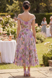 Vestido midi floral bordado de tul lila con línea de hombros en forma de A