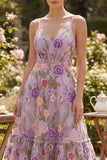 Vestido floral midi bordado de tul lila A-Line