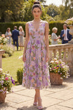 Vestido midi floral bordado en línea A de tul lila y escote en V