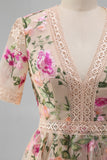 Vestido midi midi floral bordado de tul en pico con escote en V y manga corta
