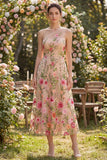 Vestido midi floral bordado de tul con un solo hombro en línea A