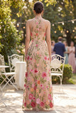 Vestido largo floral de tul bordado en línea A con escote halter, cuello halter,