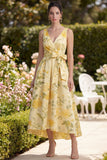 Vestido Midi de línea con lazos florales amarillos de mantequilla en pico, escote en pico