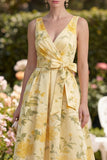 Vestido Midi de línea con lazos florales amarillos de mantequilla en pico, escote en pico