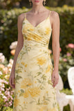 Vestido floral funda de mantequilla amarillo con tirantes finos de mantequilla fruncido