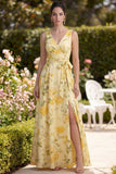 Vestido Maxi floral Maxi A Line, con escote en V amarillo mantequilla y abertura