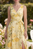 Vestido Maxi floral Maxi A Line, con escote en V amarillo mantequilla y abertura