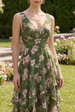 Vestido Midi asimétrico de línea verde oscuro con escote en V floral y fruncido