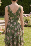 Vestido Midi asimétrico de línea verde oscuro con escote en V floral y fruncido