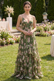 Vestido Maxi de tirantes finos de la línea A verde oscuro con volantes