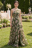 Vestido Maxi verde oscuro, floral y rizado con volantes y abertura
